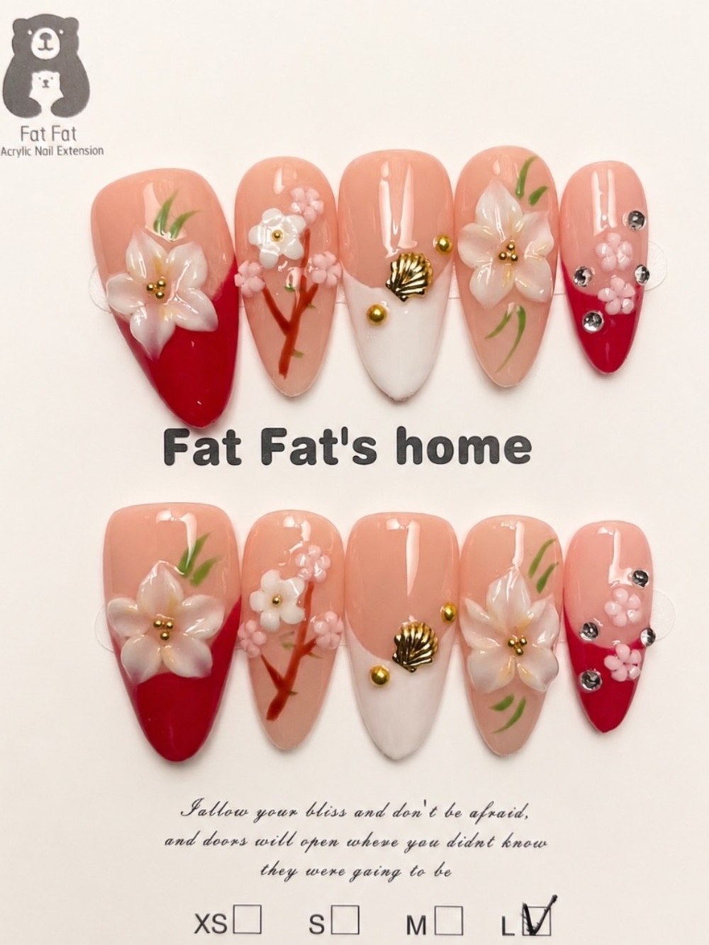 NEW Red Cherry Blossom French Tip Press On Nails | 3D Floral | Long Almond | LG